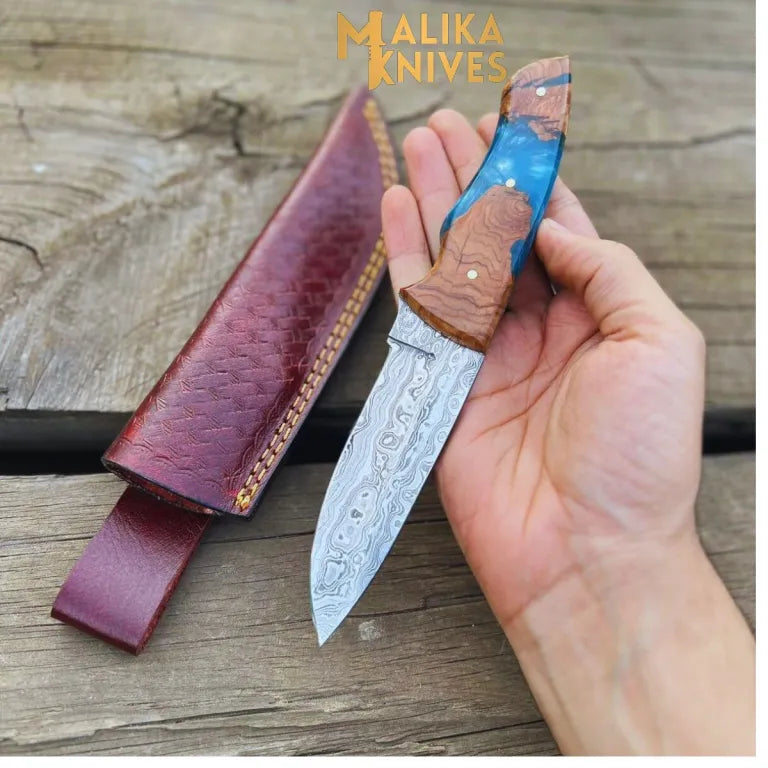 Handmad Damascus Steel Skinner Knife - Rosewood & Resin Handle - Leather Sheath - Ultimate Outdoor Companion-0024