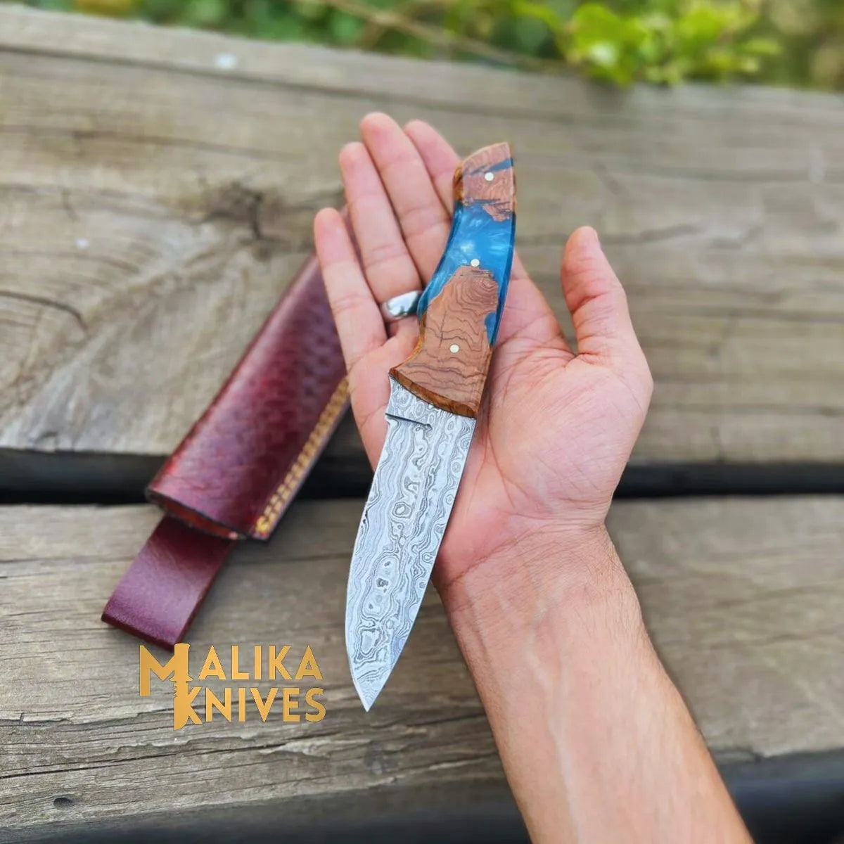Handmad Damascus Steel Skinner Knife - Rosewood & Resin Handle - Leather Sheath - Ultimate Outdoor Companion-0024
