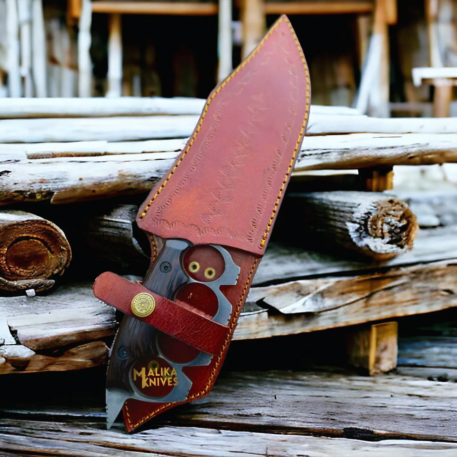 D2 Knuckle Bowie Knife Wenge Wood Full Tang Leather sheath