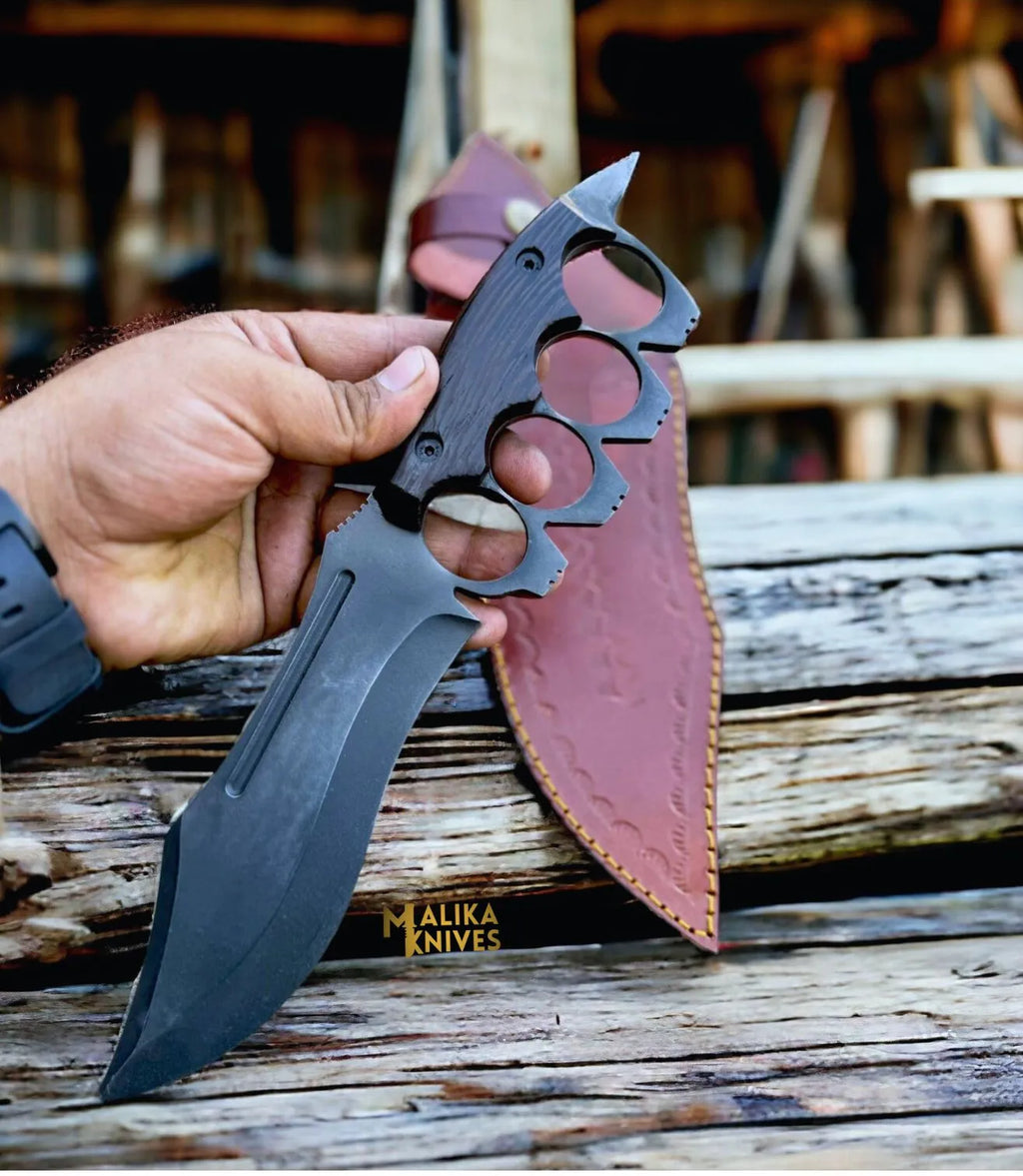 D2 Knuckle Bowie Knife Wenge Wood Full Tang Leather sheath