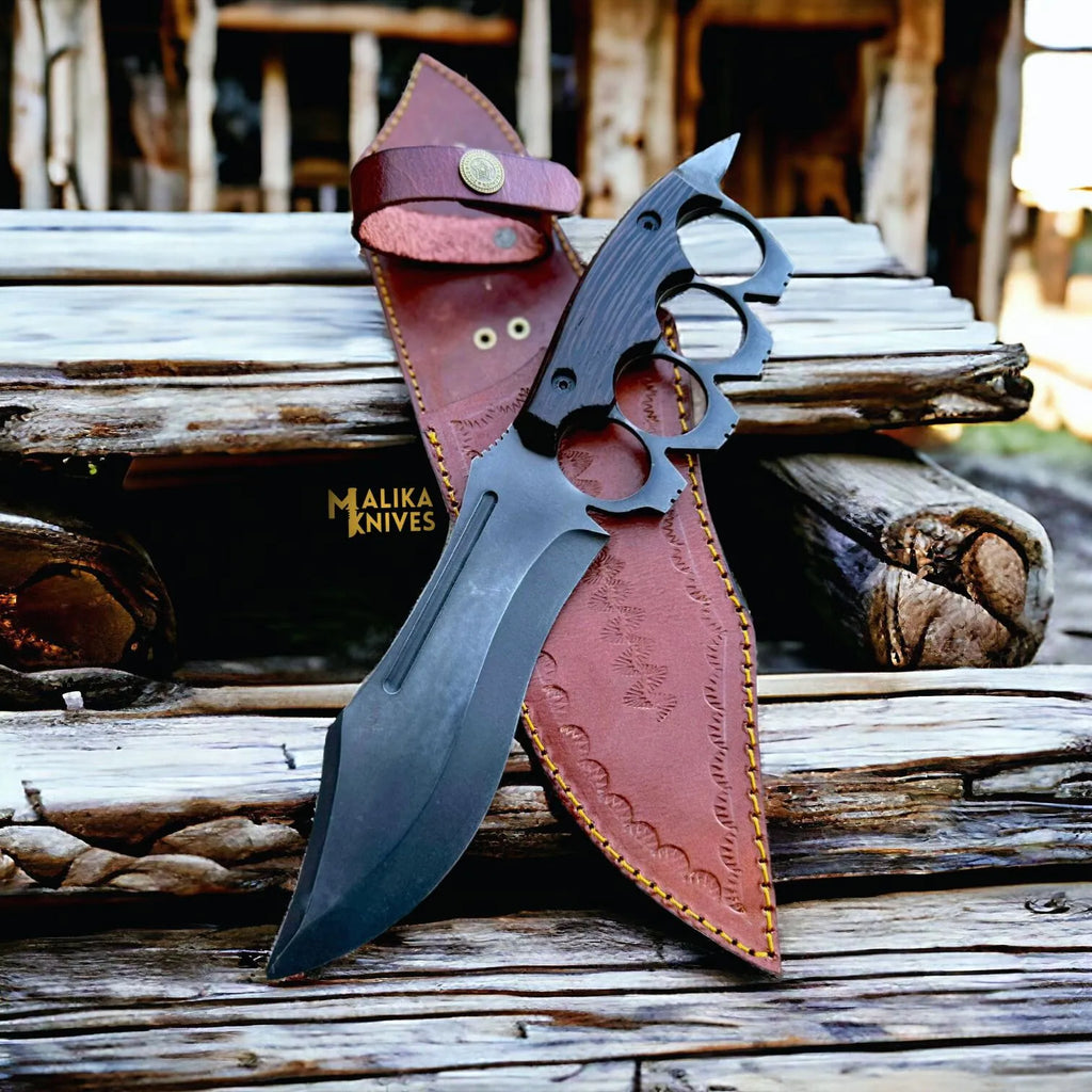 D2 Knuckle Bowie Knife Wenge Wood Full Tang Leather sheath