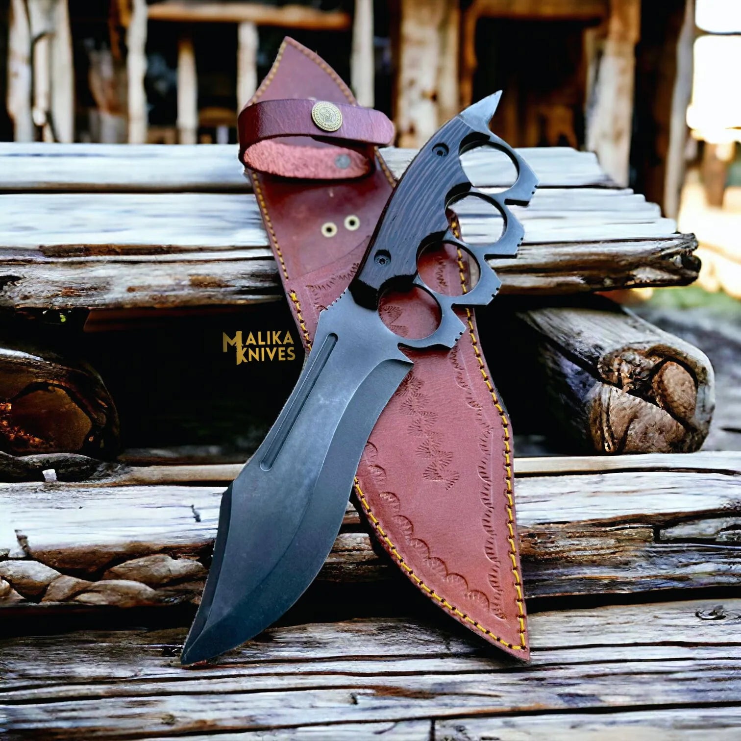 D2 Knuckle Bowie Knife Wenge Wood Full Tang Leather sheath