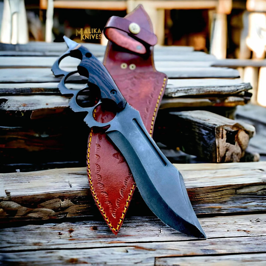 D2 Knuckle Bowie Knife Wenge Wood Full Tang Leather sheath