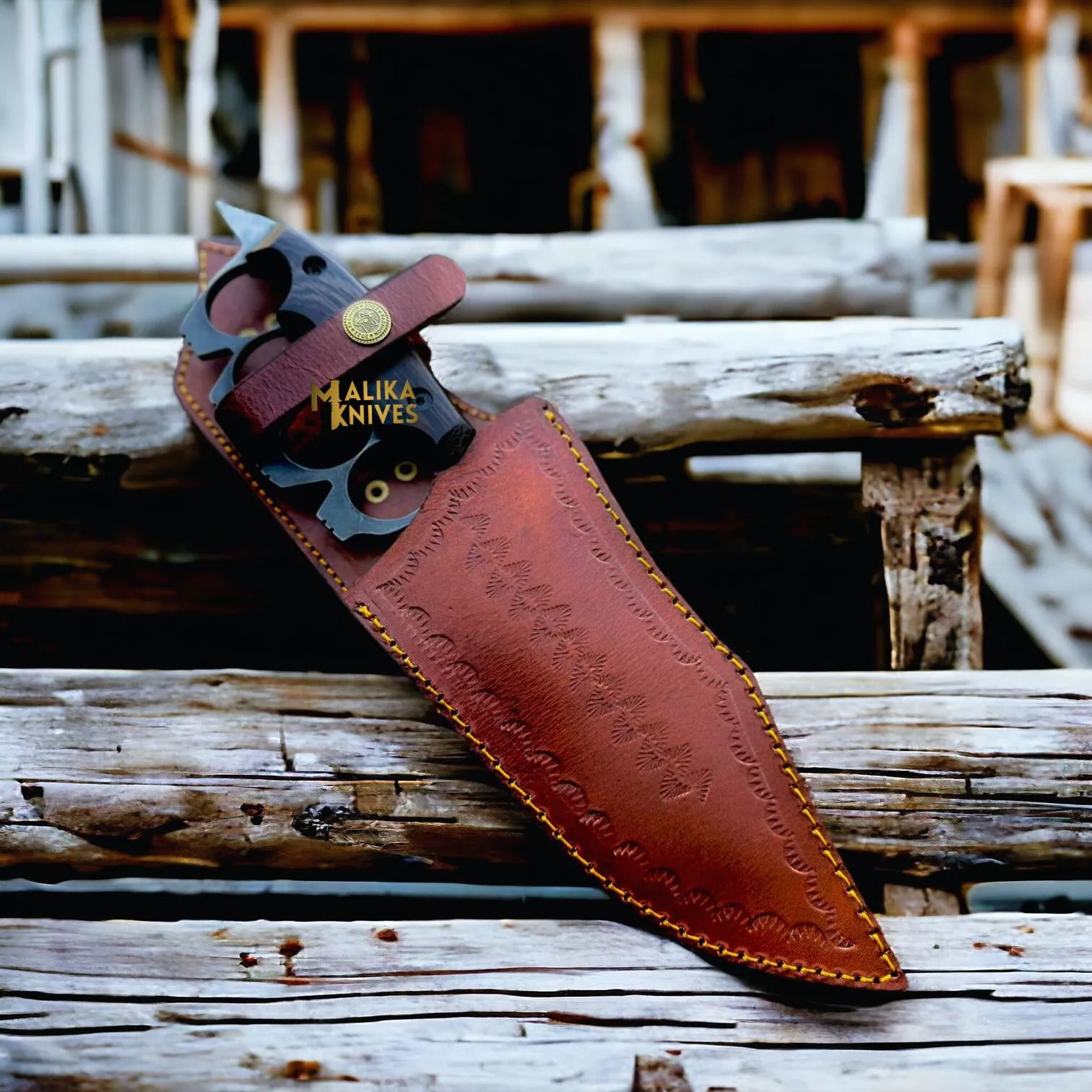 D2 Knuckle Bowie Knife Wenge Wood Full Tang Leather sheath