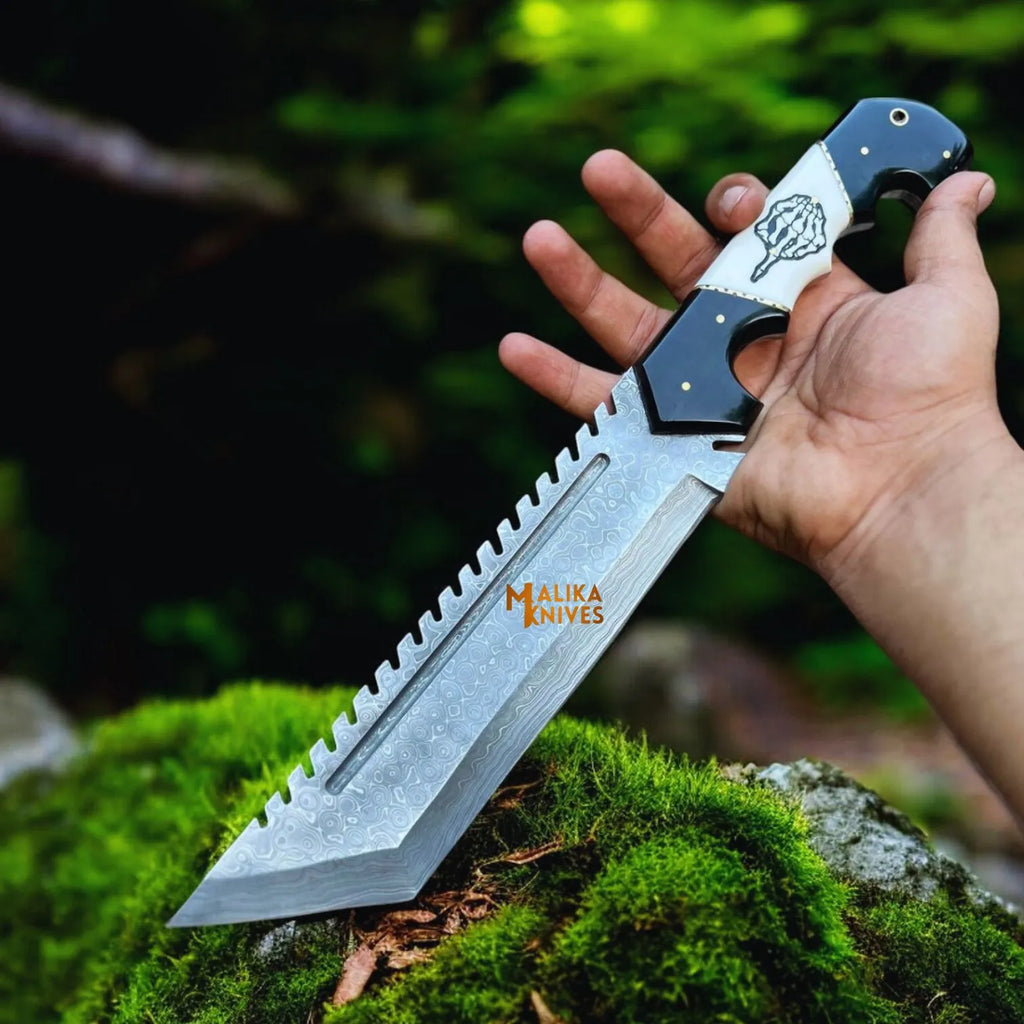 Damascus Tracker Bowie Knife Resin Handle Outdoor Sheath