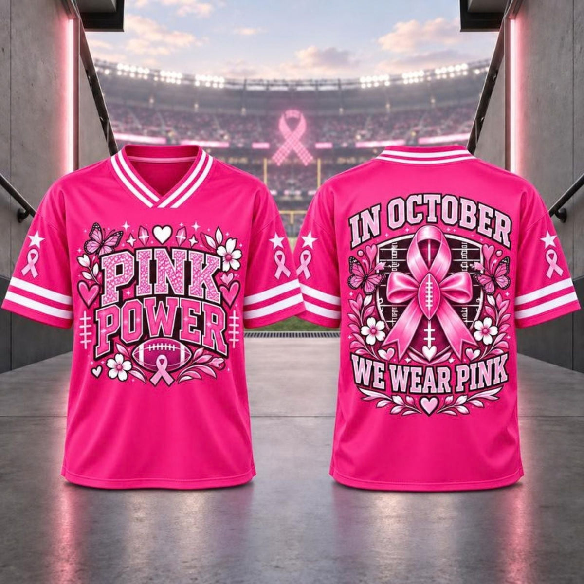 Pink Ribbon Breast Cancer Awareness V-Neck Football T-Shirt – Hope & Support Athletic Graphic Tee