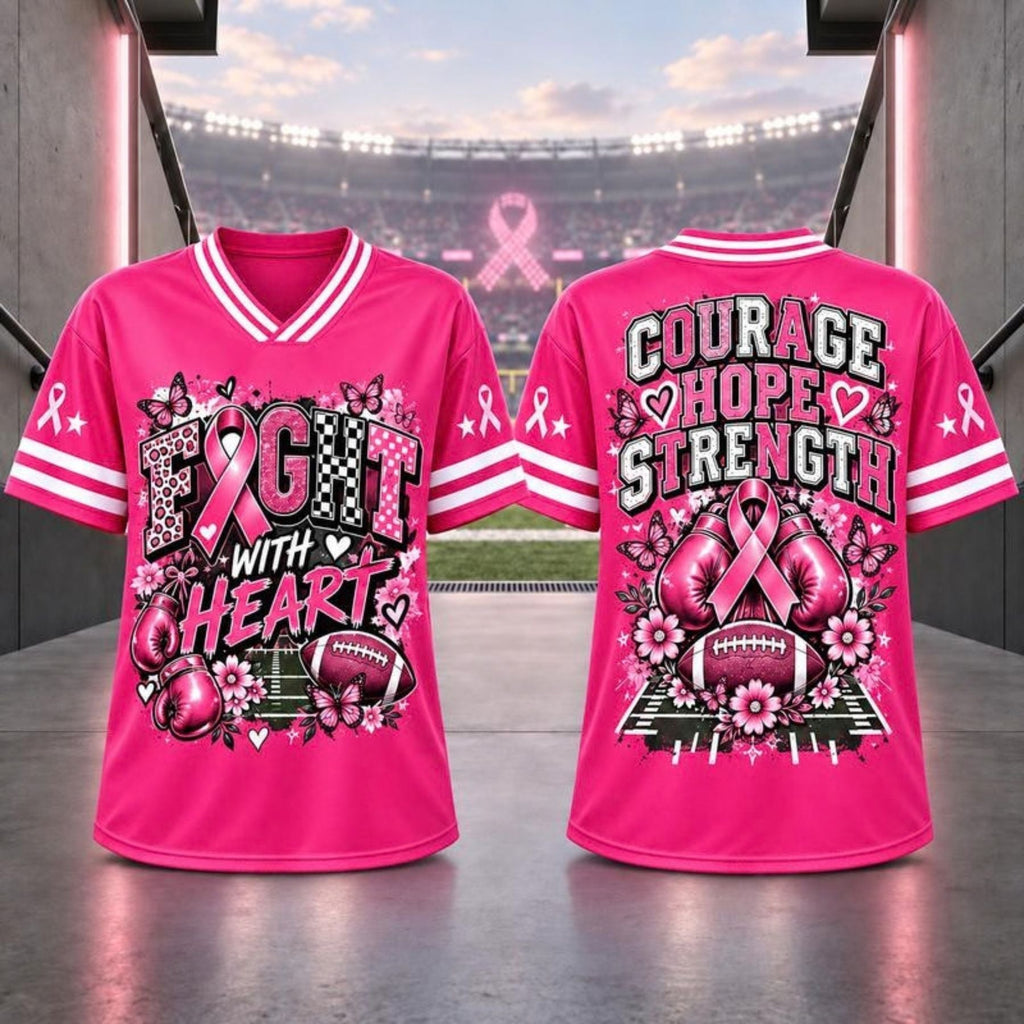 Pink Ribbon Breast Cancer Awareness V-Neck Football T-Shirt – Hope & Support Athletic Graphic Tee