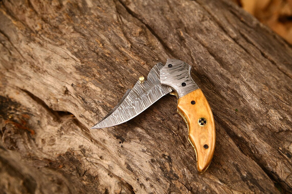 Custom Handmade Damascus Steel EDC Folding Pocket Knife | 3-Inch Blade, Colored Bone Handle, Leather Case | Ideal Gift for Any Occasion by KBS Knives