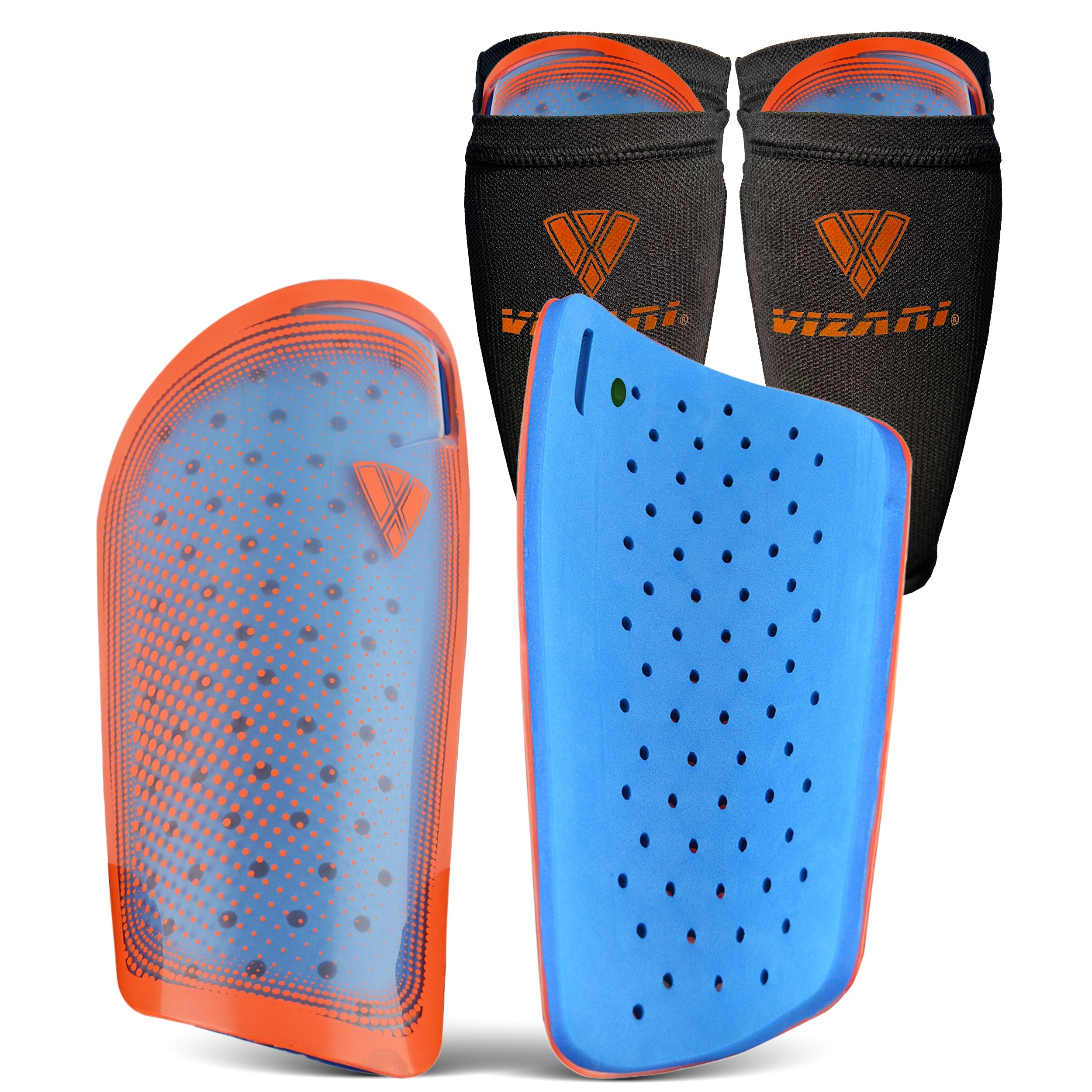 Atletico Soccer Shin Guard with Compression Pocket Sleeve - Orange/Blue