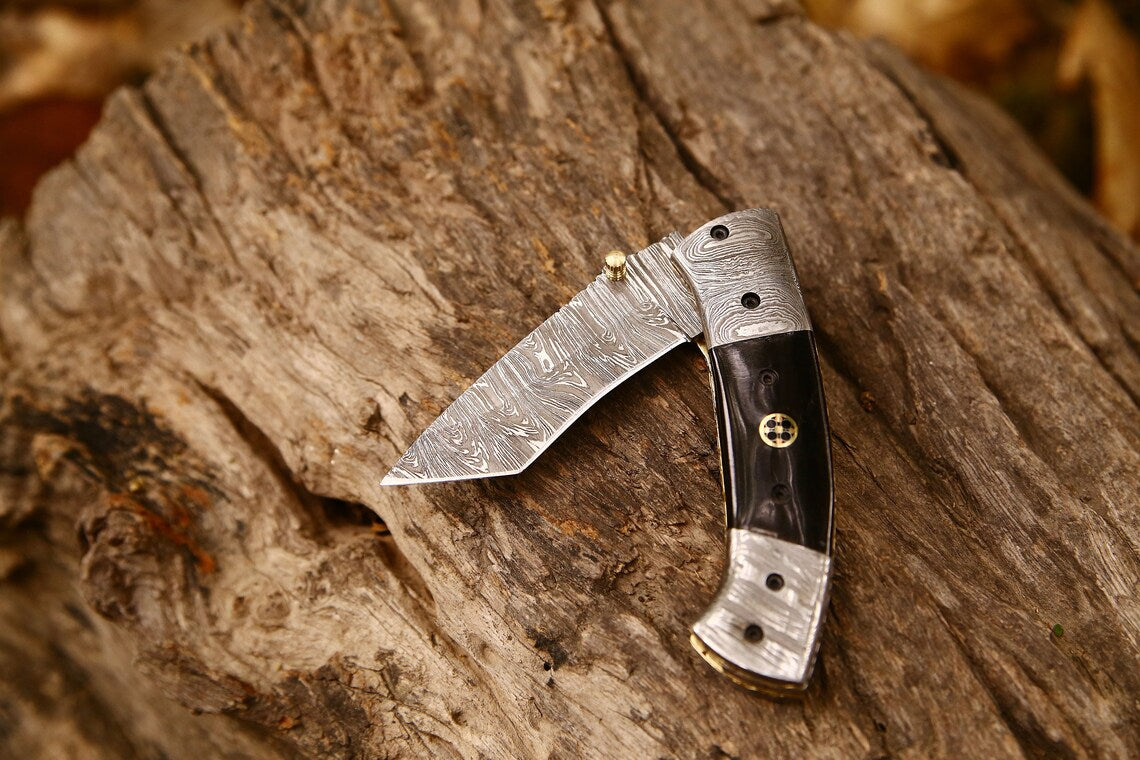 New Custom Handmade Damascus Steel Tanto Blade EDC Folding Pocket Knif ...
