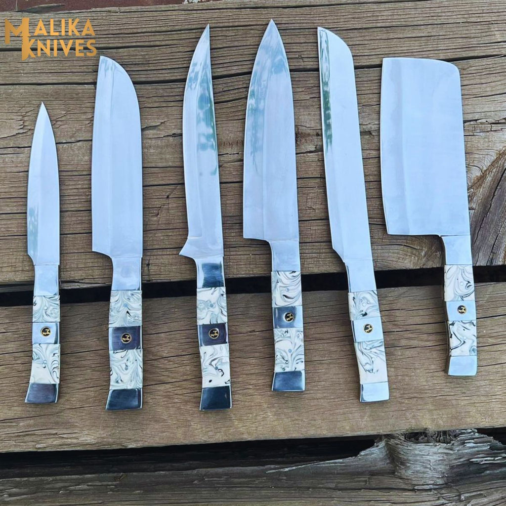 Malika Ultimate Kitchen Knife Set: Premium Black & white Collection with Custom Leather Carrying Case -0205