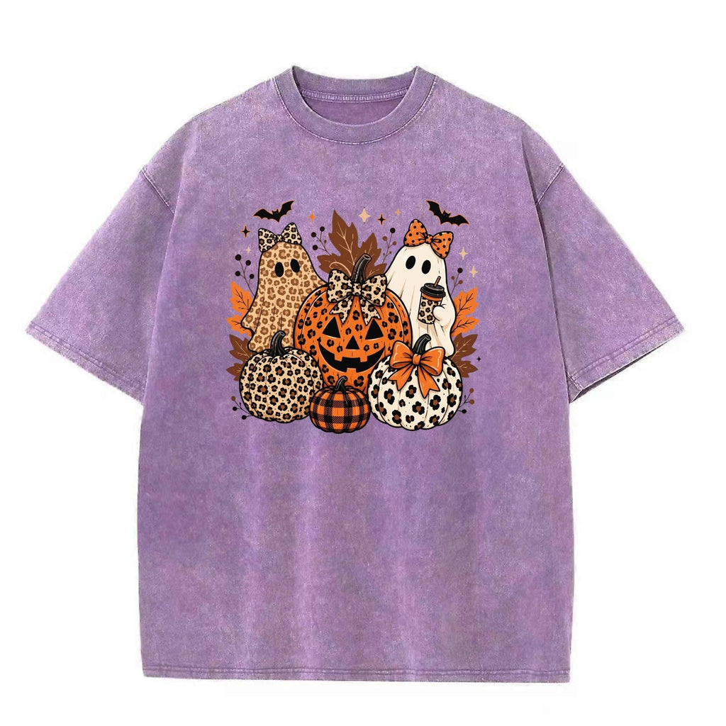 Leopard Bow Ghost Pumpkin Fall Halloween Graphic Washed Shirt – Retro Spooky Season Coquette Tee, Vintage Mineral Wash Lightweight Cotton Unisex Top