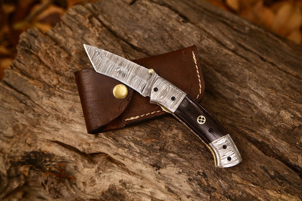 Custom Handmade Damascus Steel Tanto Blade EDC Folding Pocket Knife | 3-Inch Blade, Wenge Wood Handle, Leather Case | Groomsman Gift