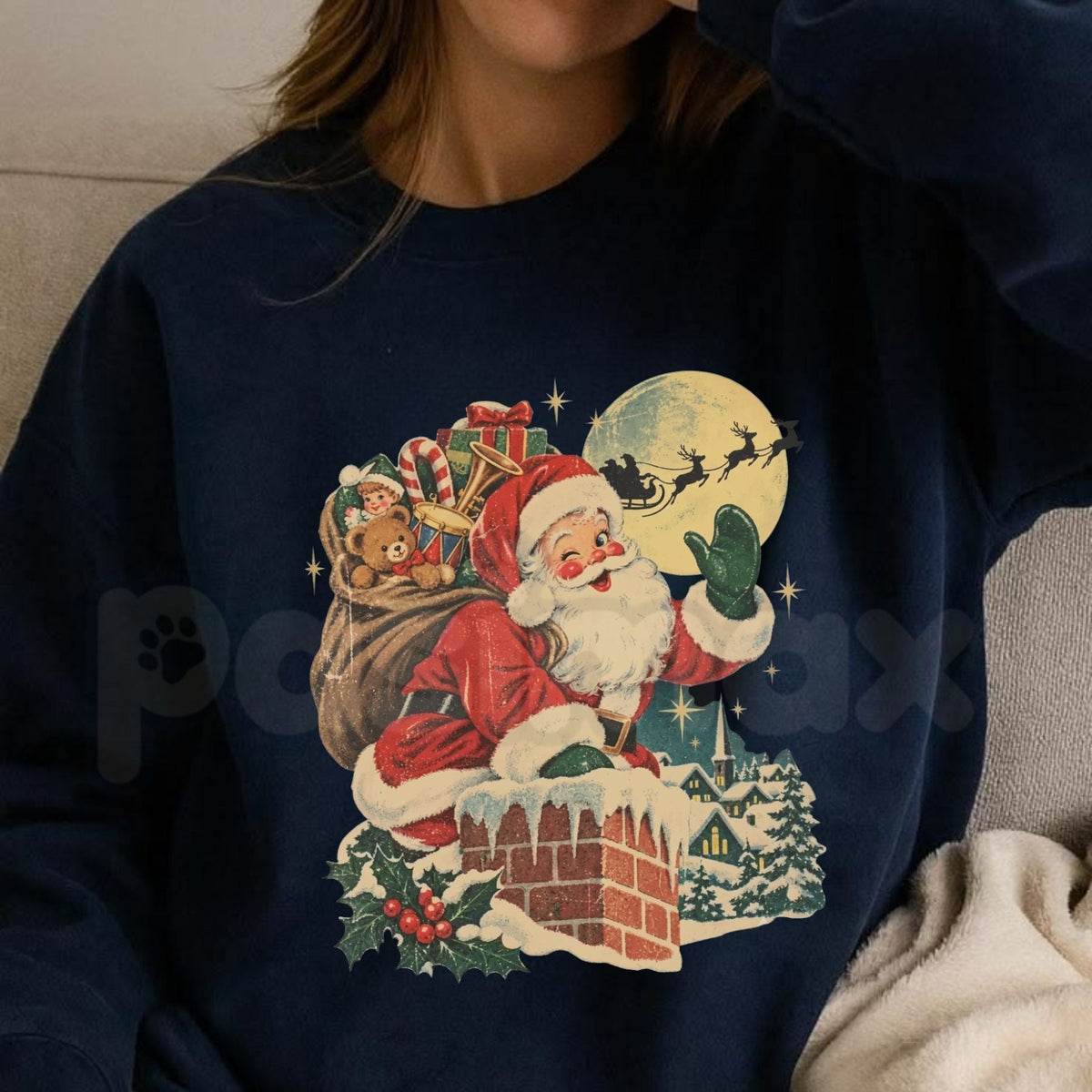 Vintage Santa Chimney Sweatshirt | Retro Reindeer Christmas Graphic Crewneck