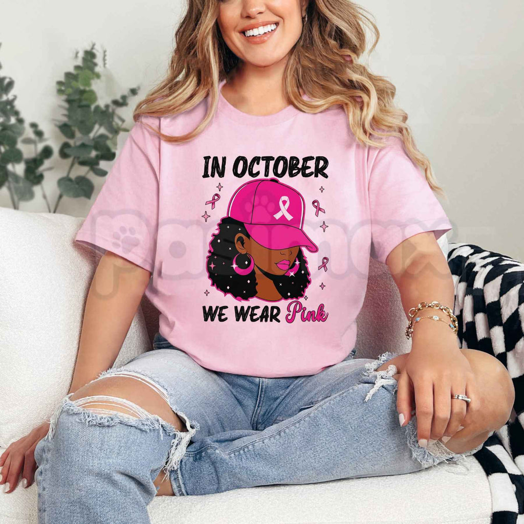 In October We Wear Pink T-Shirt – Black Breast Cancer Awareness Unisex Tee
