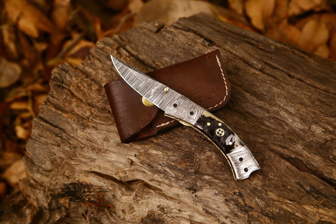 Best Custom Handmade Damascus Steel EDC Folding Pocket Knife | 3-Inch Blade, Sheep Horn Handle, Leather Case | Ideal Gift for Any Occasion by KBS Knives