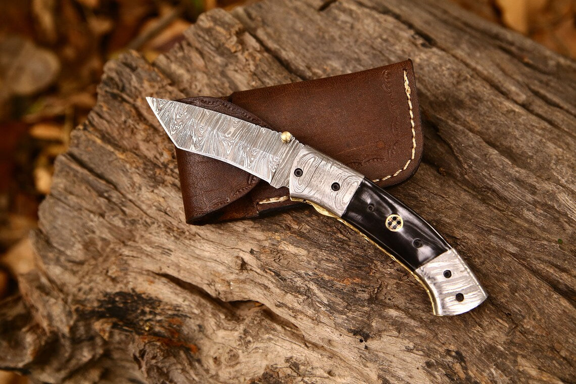 New Custom Handmade Damascus Steel Tanto Blade EDC Folding Pocket Knife | 3-Inch Blade, Buffalo Horn Handle, Leather Case | Perfect Gift by KBS Knives