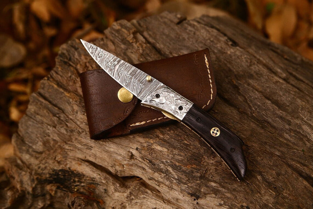 Hand Engraved Custom Damascus Steel EDC Folding Pocket Knife | 3-Inch Blade, Wenge Wood Handle, Leather Case | Anniversary Gift Idea