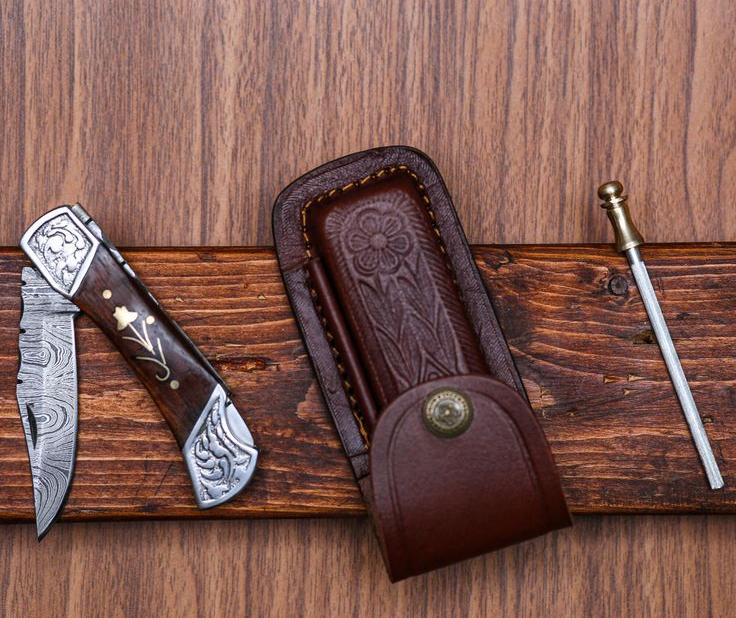Custom Handmade Damascus Pocket Knife – 3" Blade with Leather Case