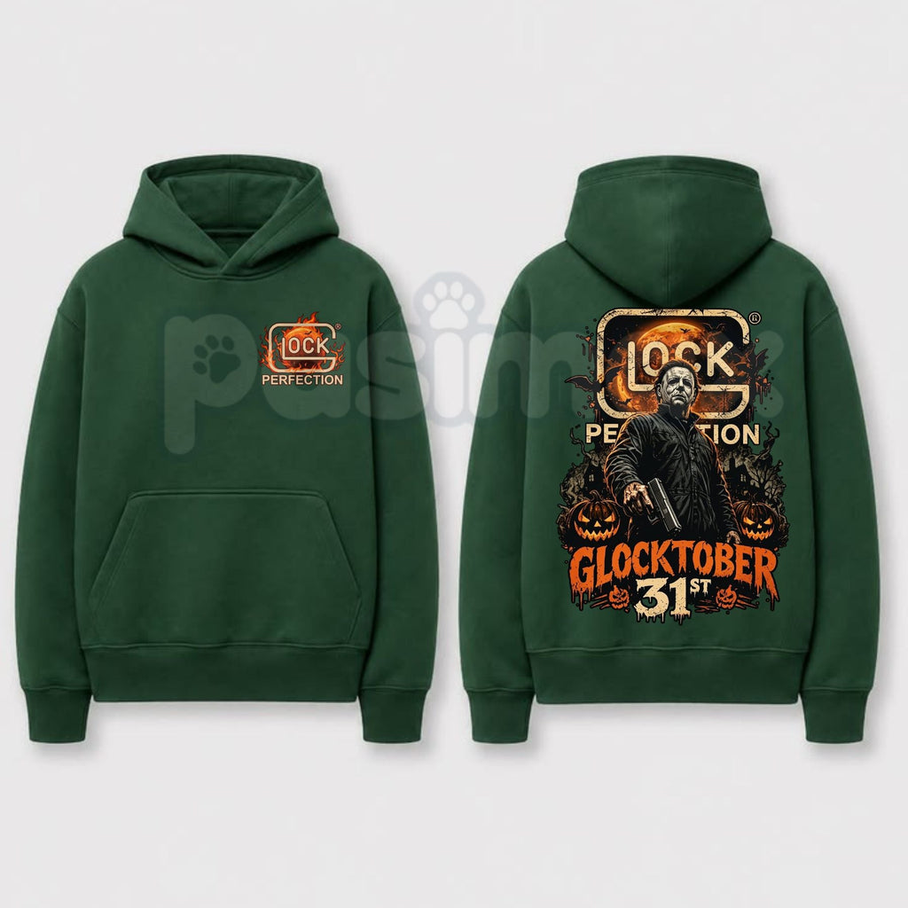 Michael Myers Glocktober 31st Double-Sided Graphic Hoodie – Halloween Horror Tactical Slasher Pullover, Spooky Season Gun Humor Sweatshirt, Unisex Heavy Blend