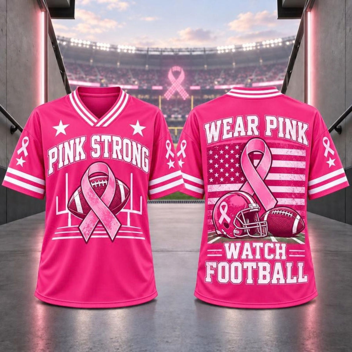 Pink Ribbon Breast Cancer Awareness V-Neck Football T-Shirt – Hope & Support Athletic Graphic Tee