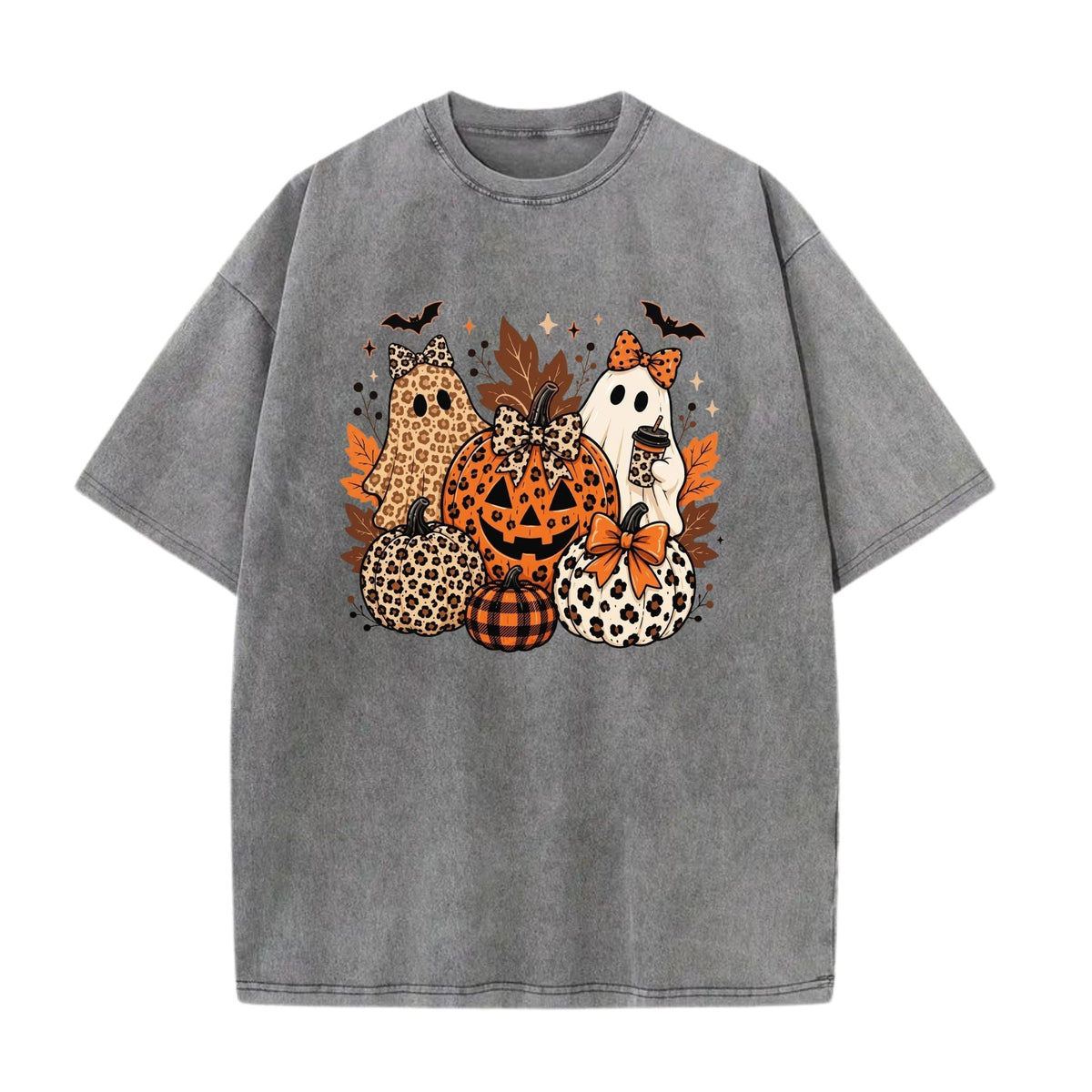 Leopard Bow Ghost Pumpkin Fall Halloween Graphic Washed Shirt – Retro Spooky Season Coquette Tee, Vintage Mineral Wash Lightweight Cotton Unisex Top