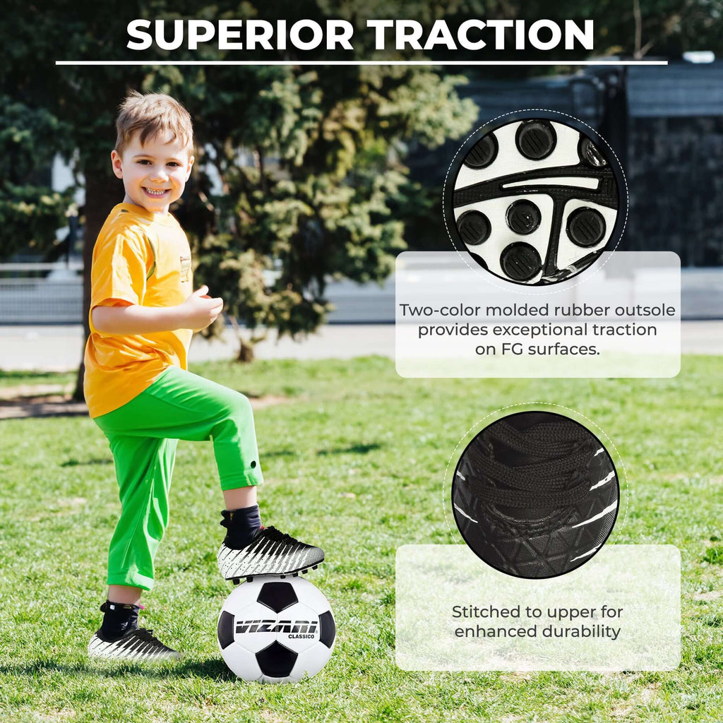 Vizari Sports Kids Firm Ground Soccer Cleats Black/White/Silver