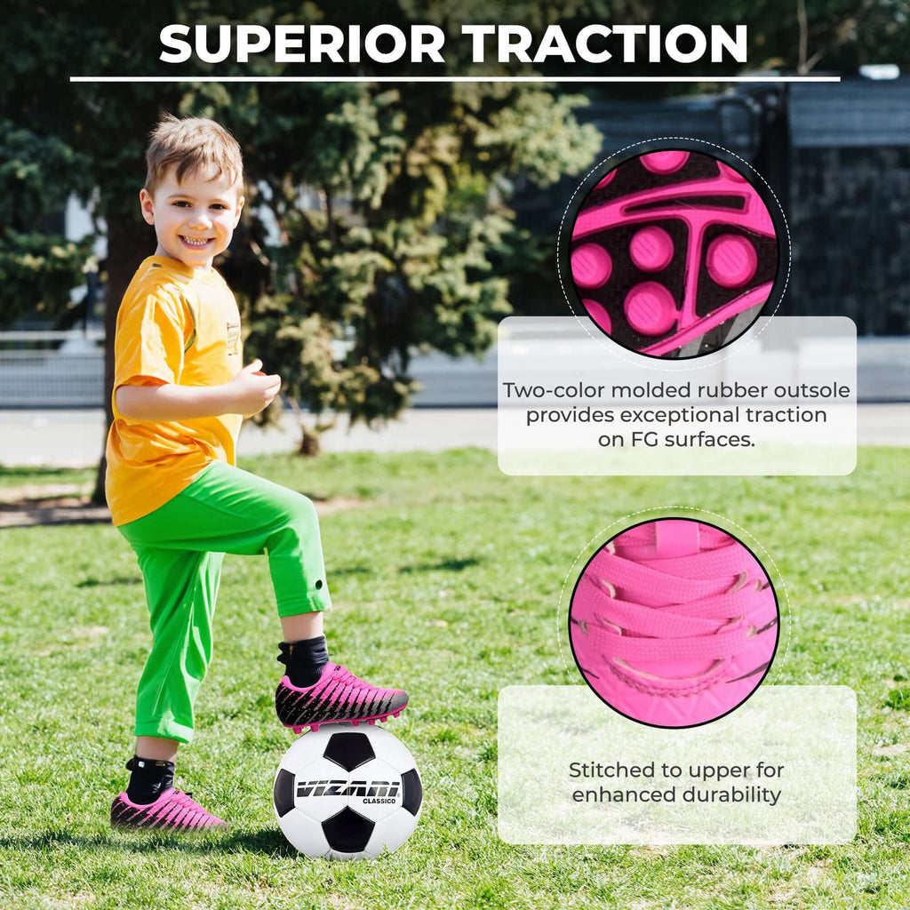 Vizari Bolt Kids Firm Ground Soccer Cleats – Pink/Black/Silver