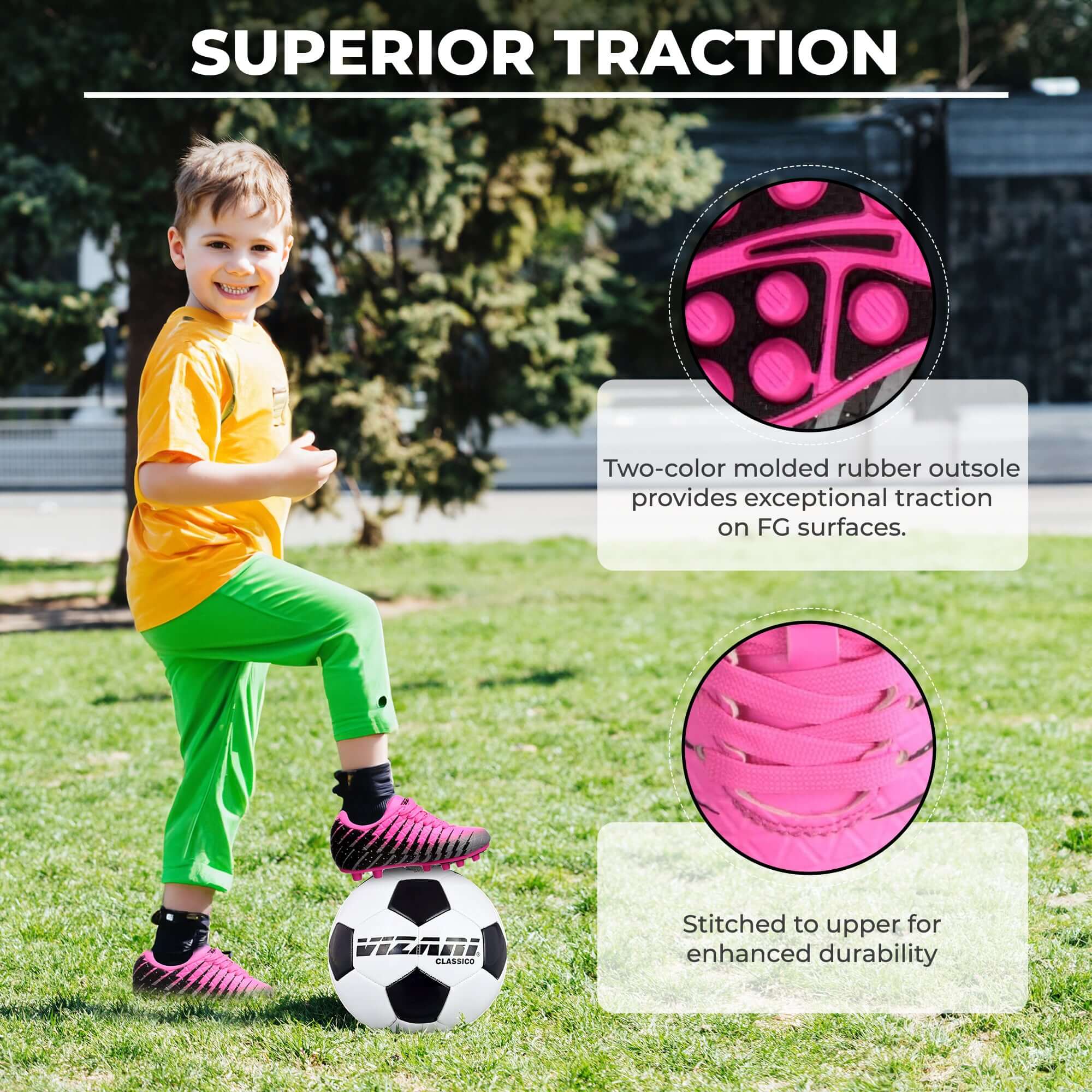 Bolt Kids Firm Ground Soccer Cleats – Pink/Black/Silver