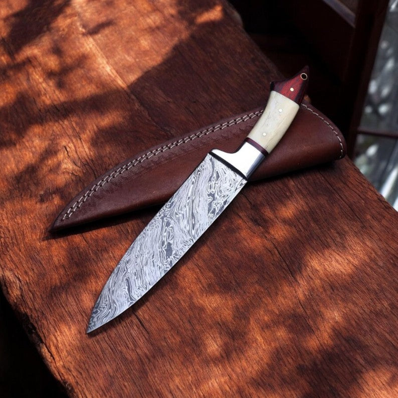 Handmade Damascus Chef Knife – 10" with Bone & Wood Handle