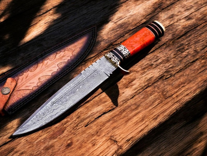 Custom Handmade Damascus Hunting Knife – 11" with Sheath