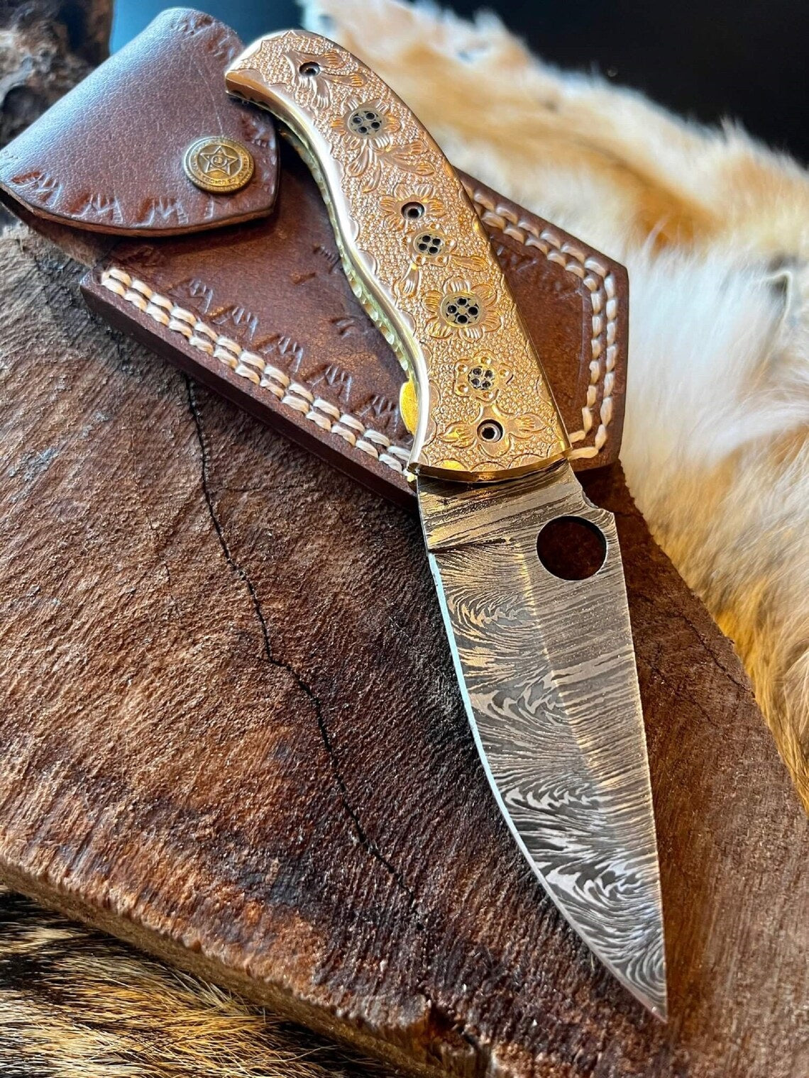 Custom Handmade Damascus Steel Folding Pocket Knife with Hand Engraved Brass Handle