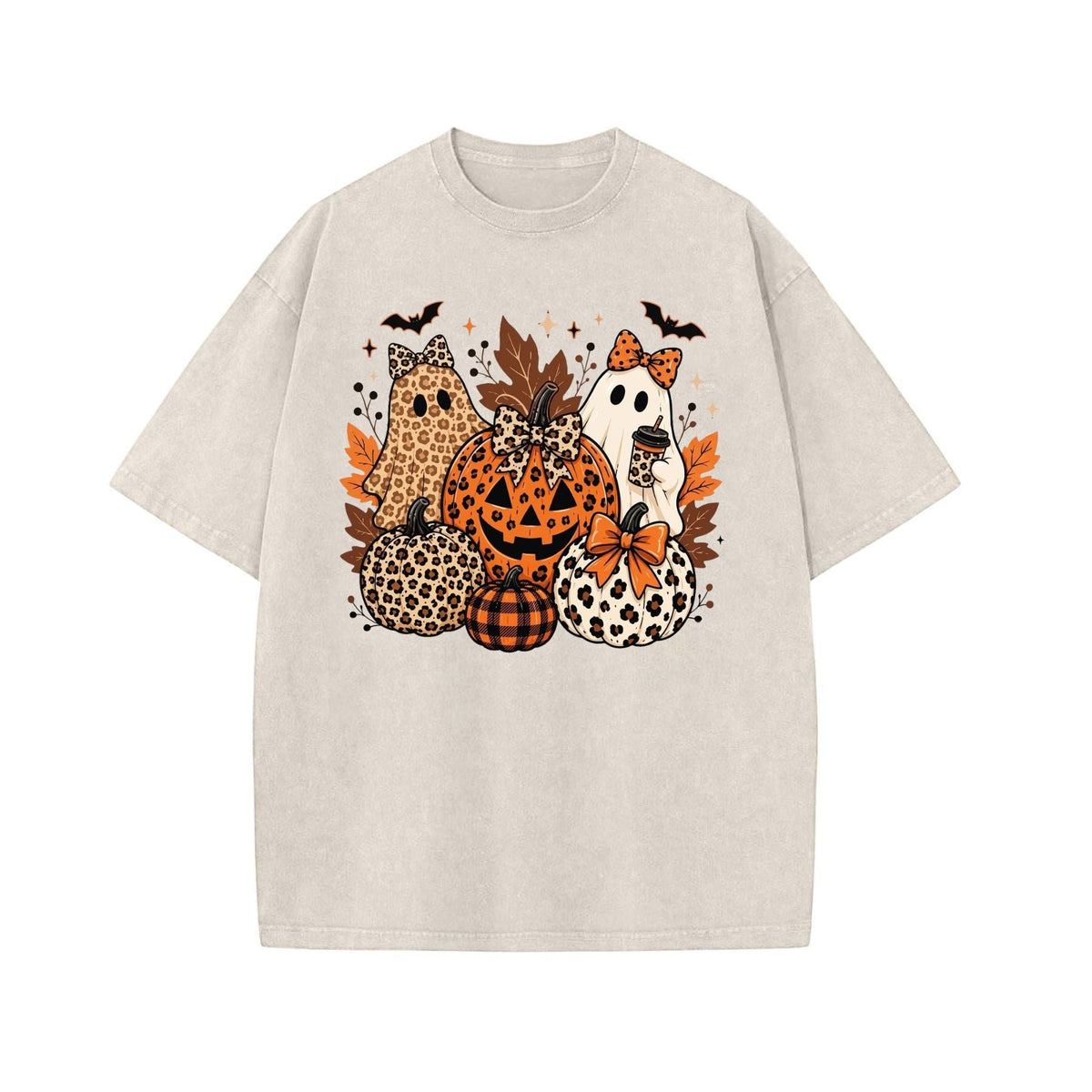Leopard Bow Ghost Pumpkin Fall Halloween Graphic Washed Shirt – Retro Spooky Season Coquette Tee, Vintage Mineral Wash Lightweight Cotton Unisex Top