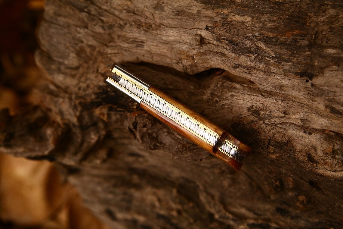 Hand Engraved Custom Damascus Steel EDC Folding Pocket Knife | 3-Inch Blade, Olive Wood Handle, Leather Case | Gift Idea