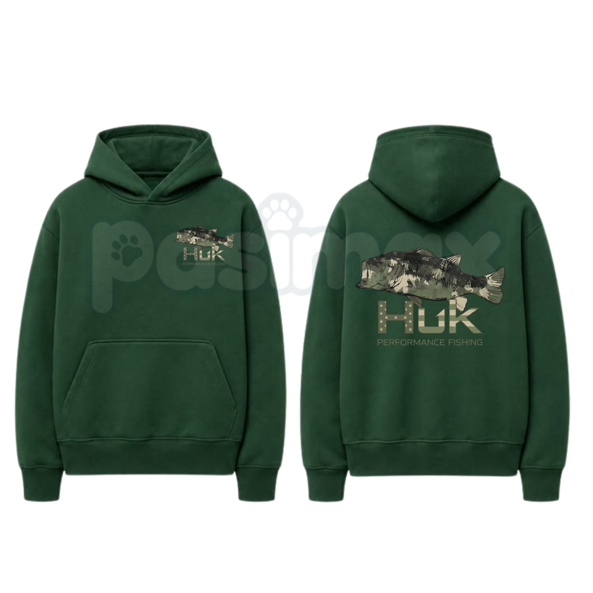 Men’s HUK Performance Fishing Hoodie – Camo Bass Graphic Pullover, Angler Outdoor Sun Protection Sweatshirt, Unisex Heavy Blend