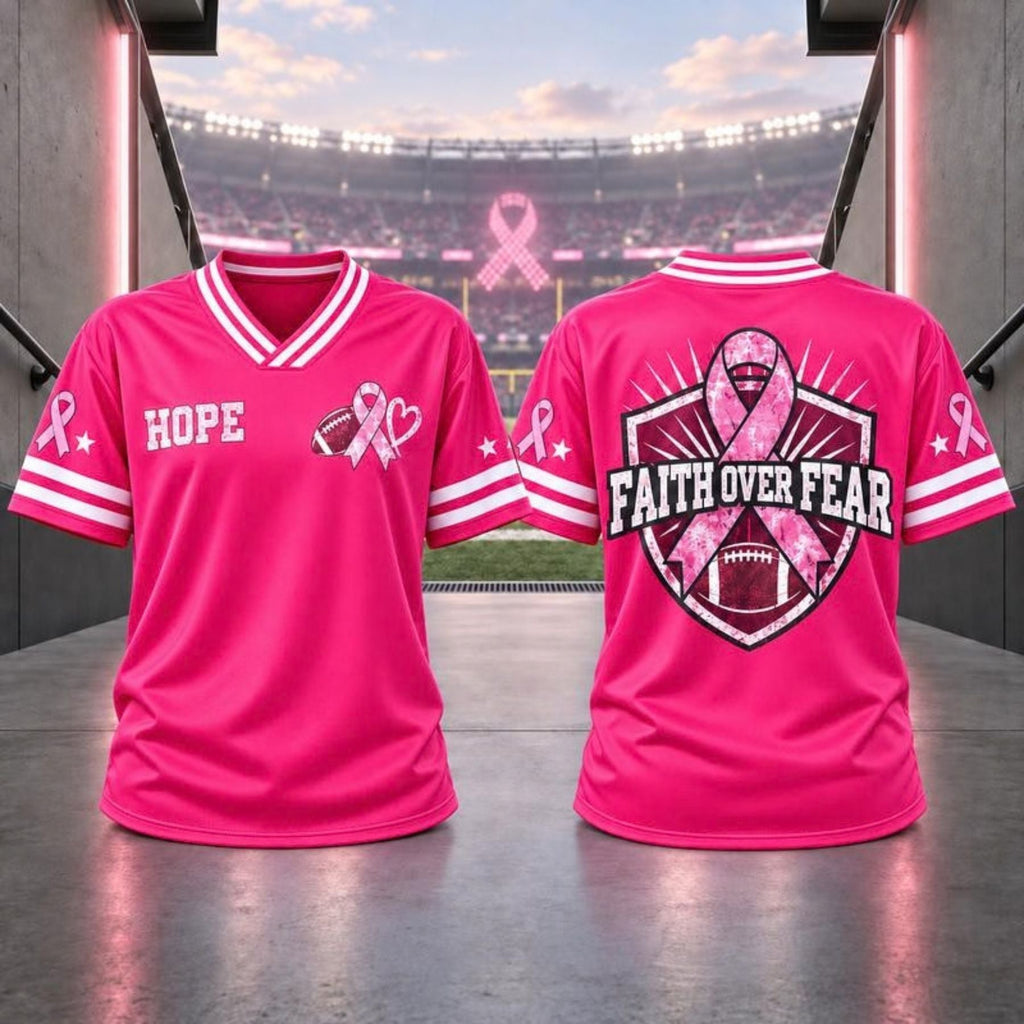 Pink Ribbon Breast Cancer Awareness V-Neck Football T-Shirt – Hope & Support Athletic Graphic Tee