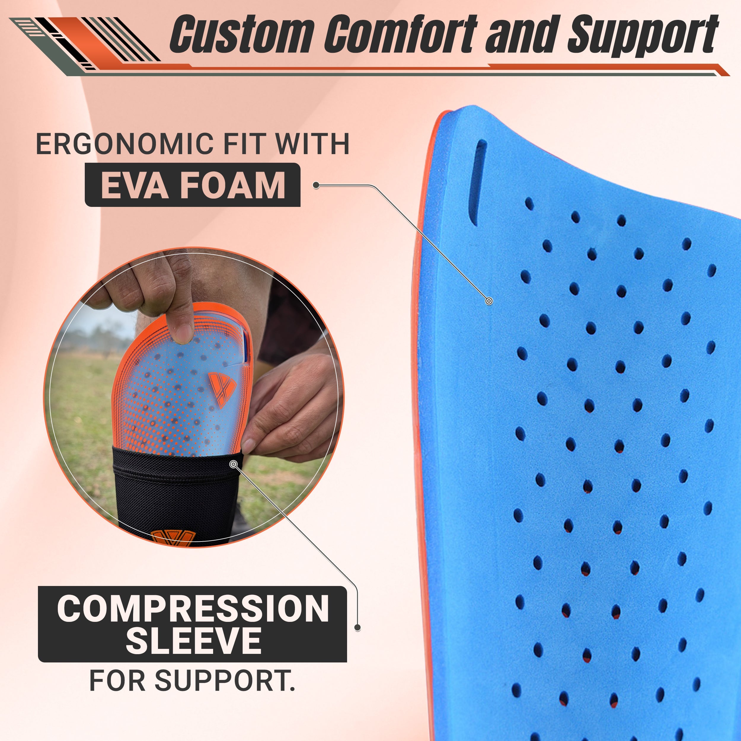 Atletico Soccer Shin Guard with Compression Pocket Sleeve - Orange/Blue