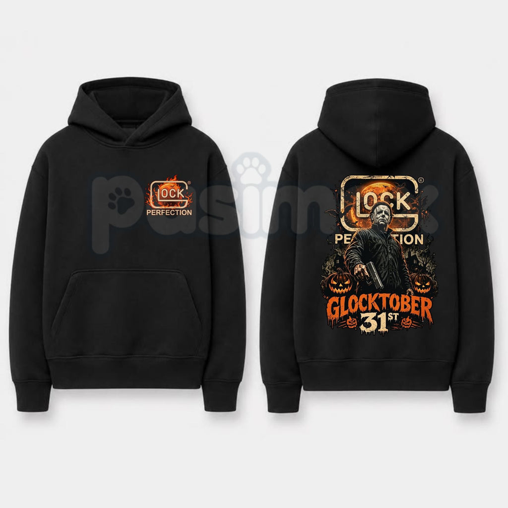 Michael Myers Glocktober 31st Double-Sided Graphic Hoodie – Halloween Horror Tactical Slasher Pullover, Spooky Season Gun Humor Sweatshirt, Unisex Heavy Blend