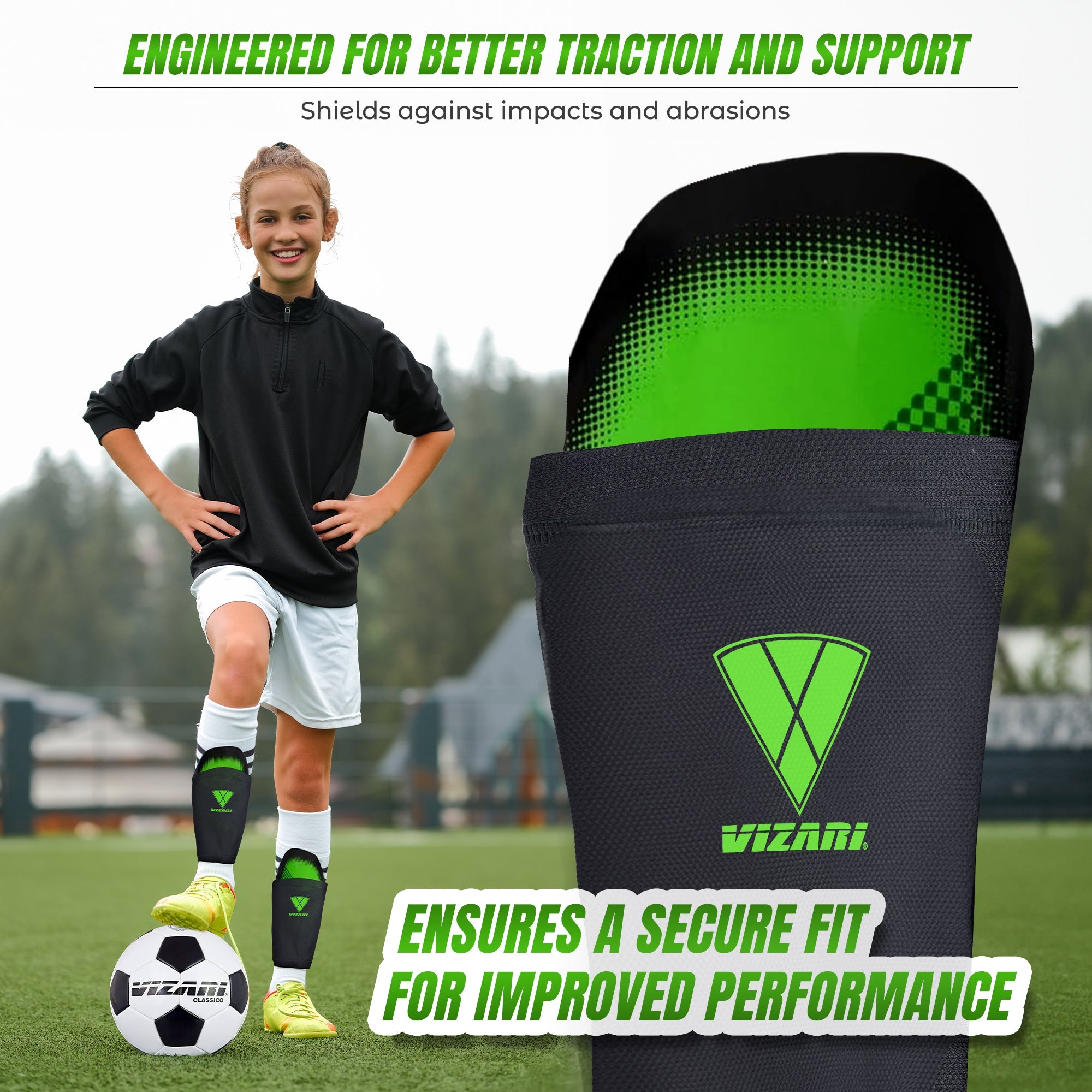 Aptos Soccer Shin Guard with Sleeve-Green/Black
