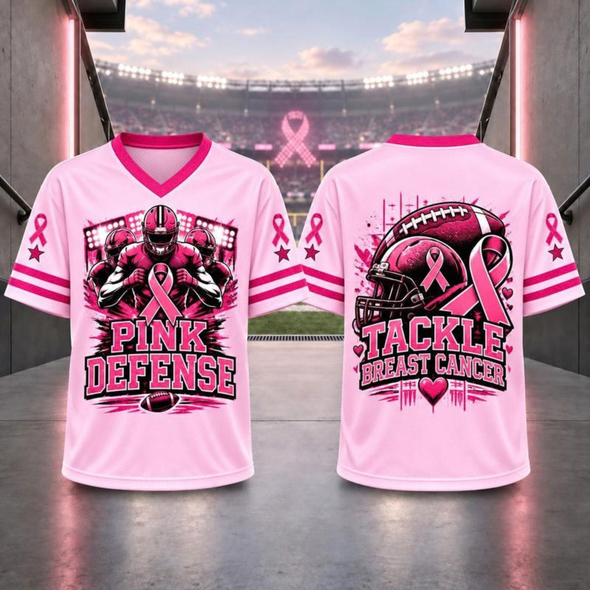 Pink Ribbon Breast Cancer Awareness V-Neck Football T-Shirt – Hope & Support Athletic Graphic Tee