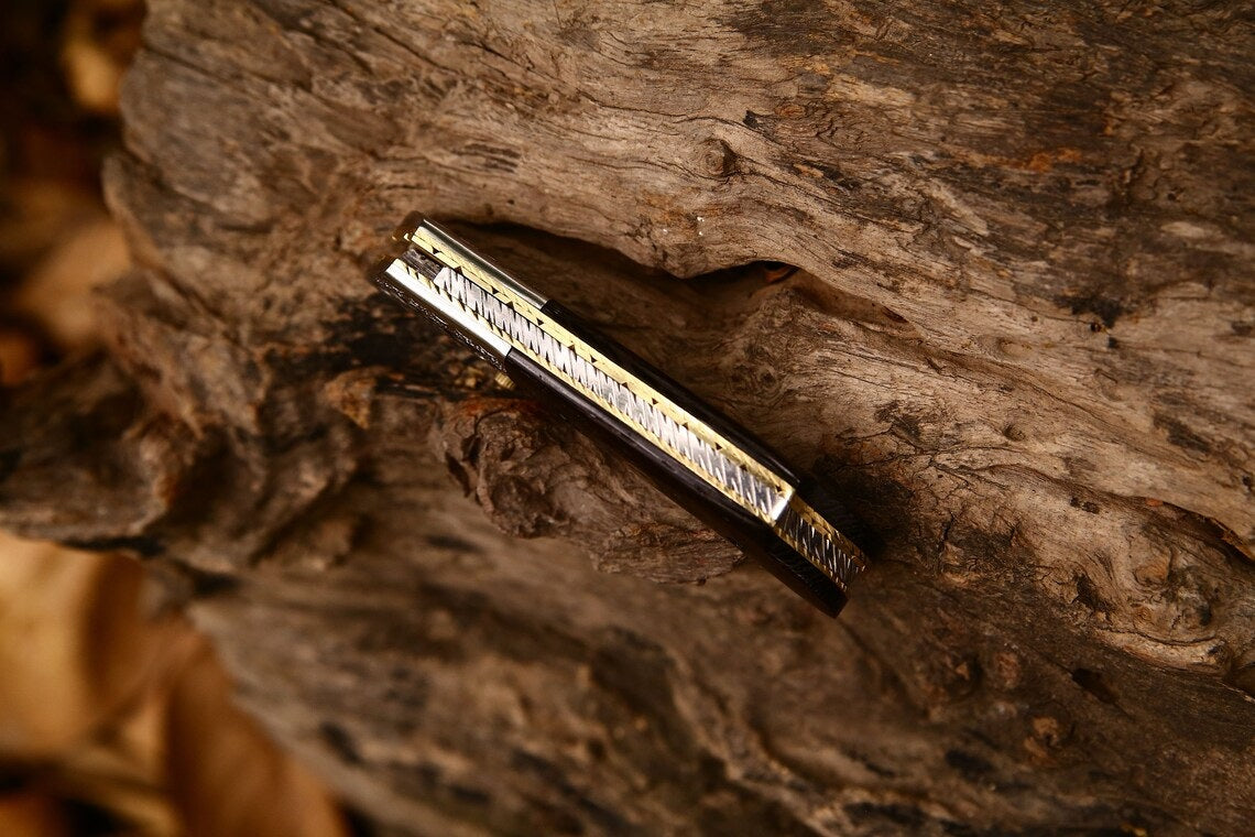 Hand Engraved Custom Damascus Steel EDC Folding Pocket Knife | 3-Inch Blade, Wenge Wood Handle, Leather Case | Anniversary Gift Idea