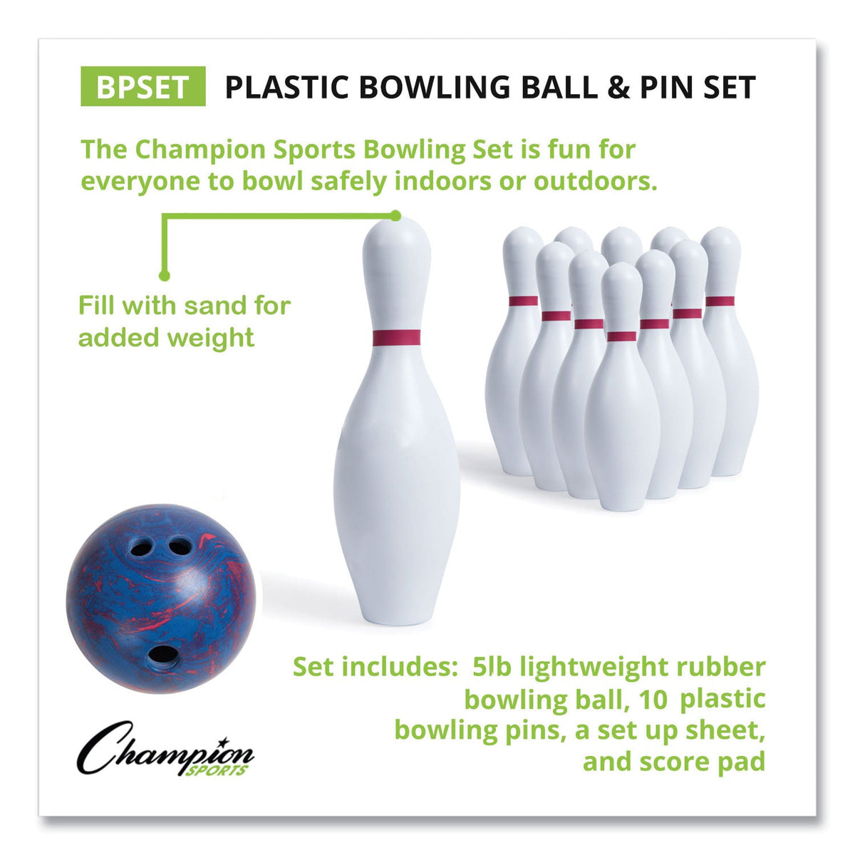 Champion Sports Bowling Set, Plastic/Rubber, White, 10 Bowling Pins, 1 Bowling Ball