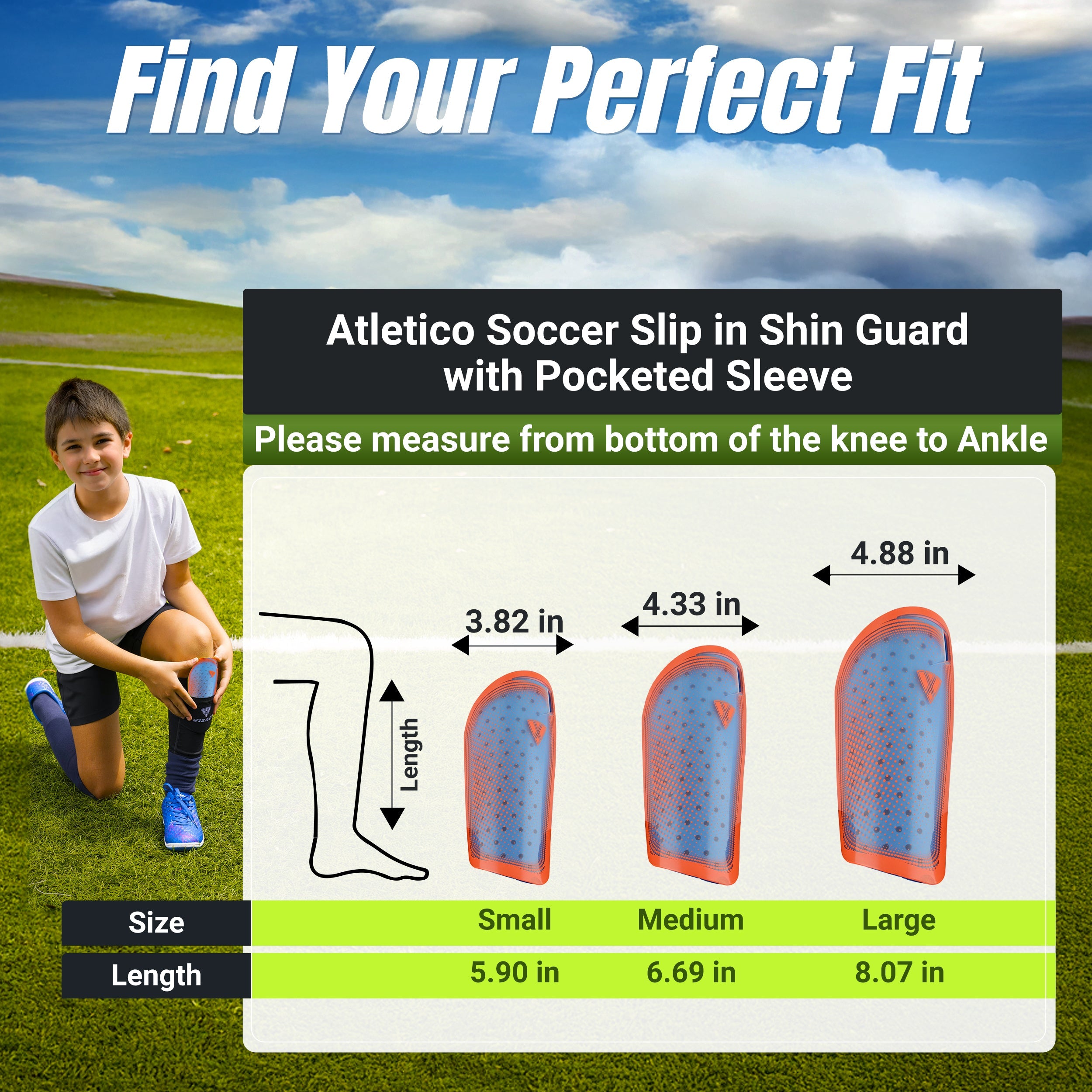 Atletico Soccer Shin Guard with Compression Pocket Sleeve - Orange/Blue