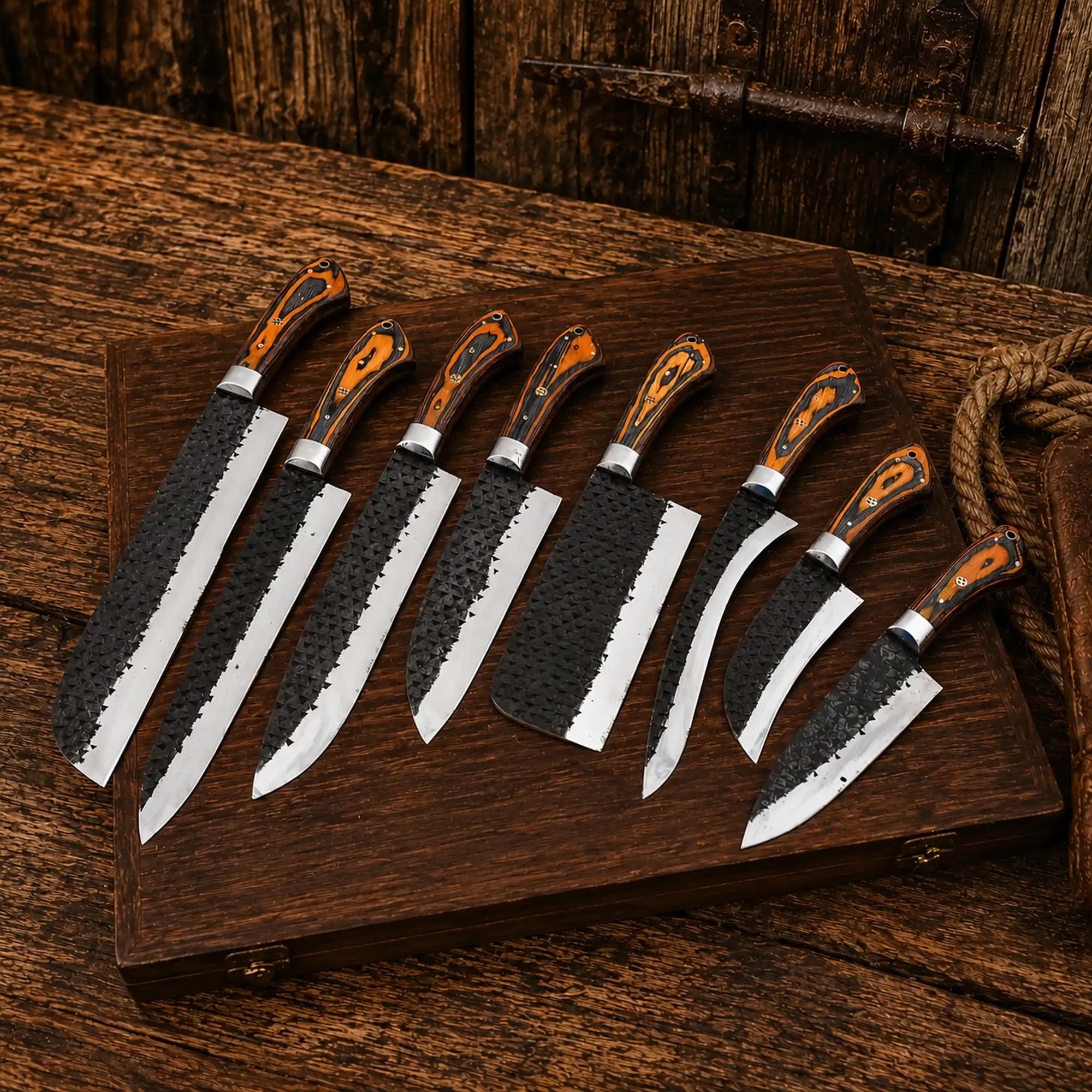 8-Piece Hand Forged Carbon Steel Kitchen Knife Set with Exotic Wood Handles