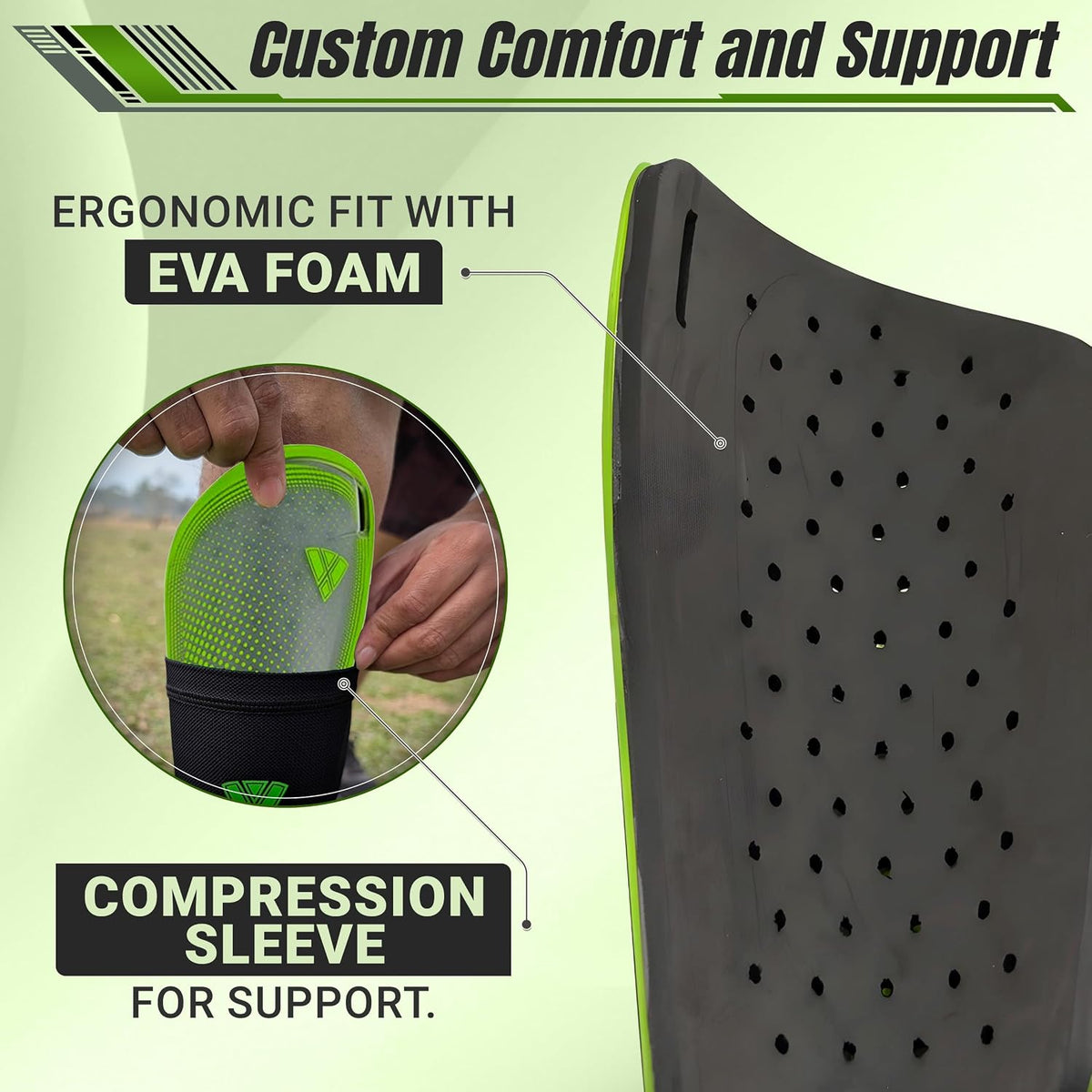 Vizari Atletico Soccer Shin Guards with Compression Pocket Sleeve – Green/Grey