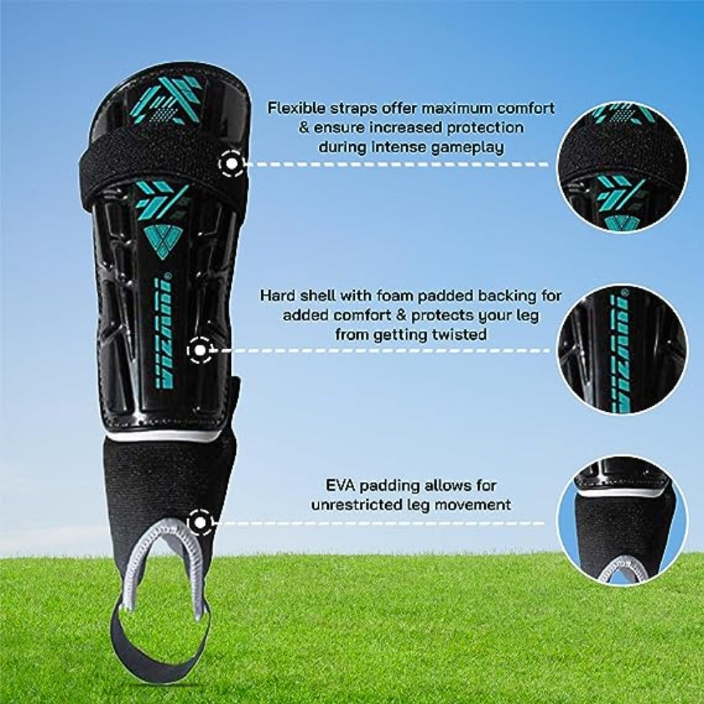 Malaga Soccer Shin Guard with Adjustable Straps-Black/Teal