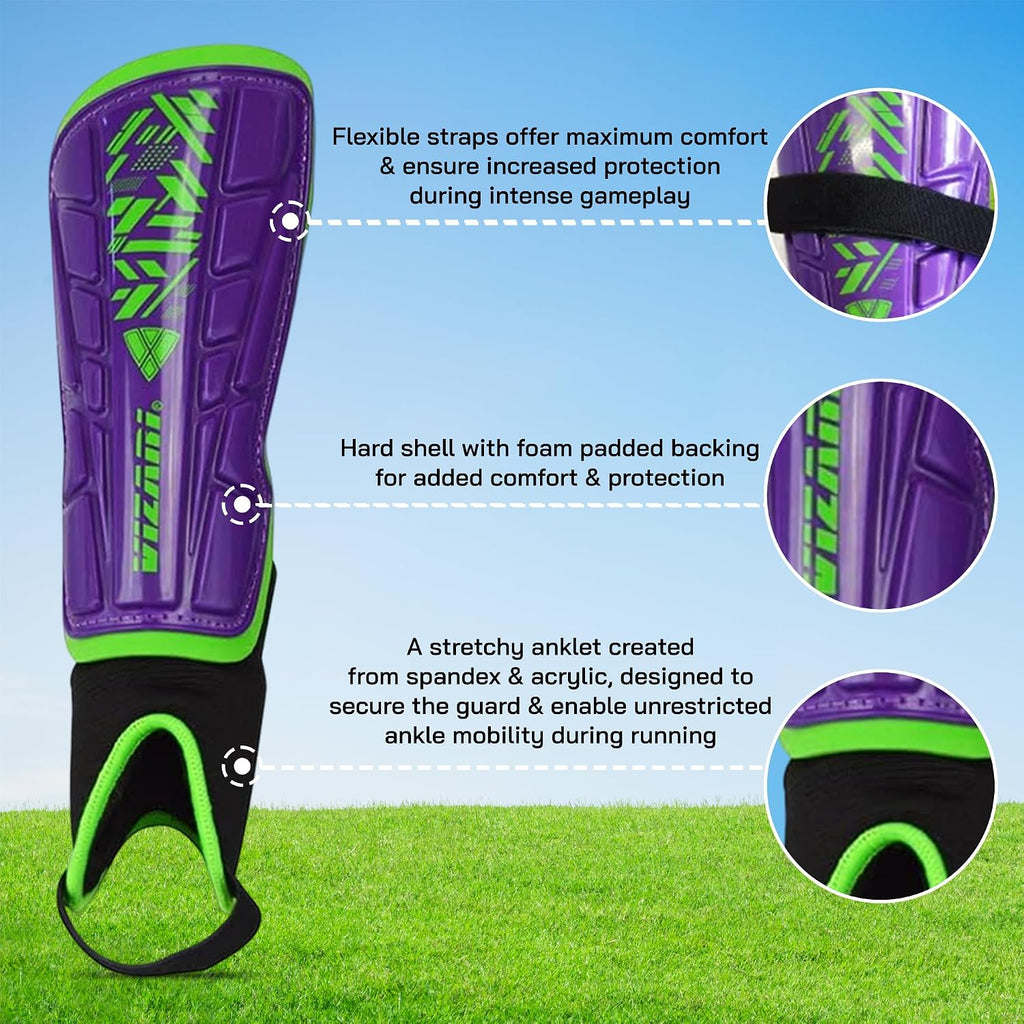 Vizari Malaga Soccer Shin Guards for Youth & Adults -Lightweight Ankle Protection – Purple/Green