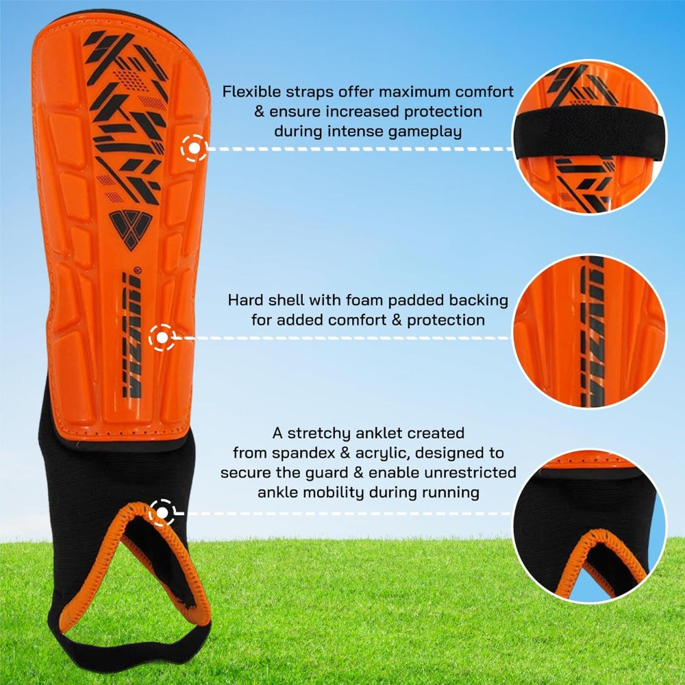 Vizari Malaga Soccer Shin Guards for Youth & Adults -Lightweight Ankle Protection – Orange/Black