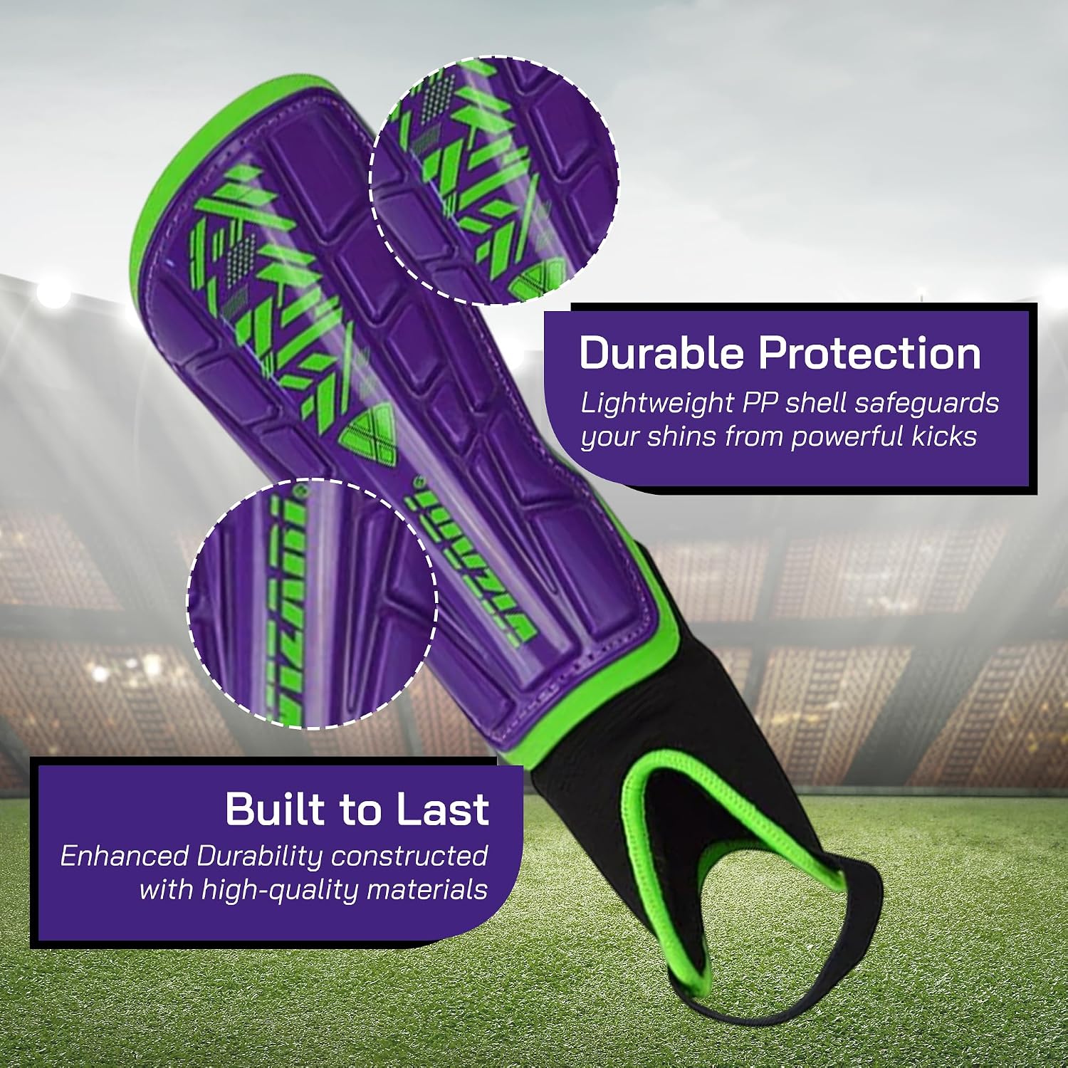 Vizari Malaga Soccer Shin Guards for Youth & Adults -Lightweight Ankle Protection – Purple/Green