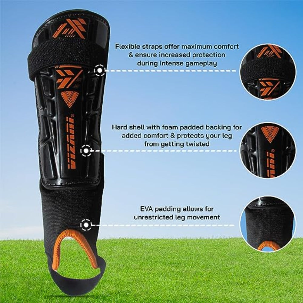 Malaga Soccer Shin Guard with Adjustable Straps-Black/N. Orange